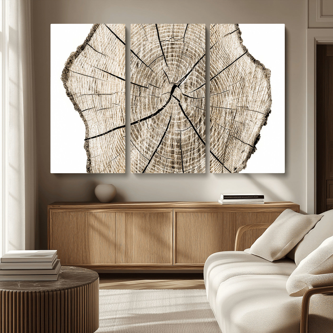 MGV-CV-48X32-3P - Abstract Wood Tree Ring Wall Art - Ready to Hang Minimalist Wooden Design for Rustic & Contemporary