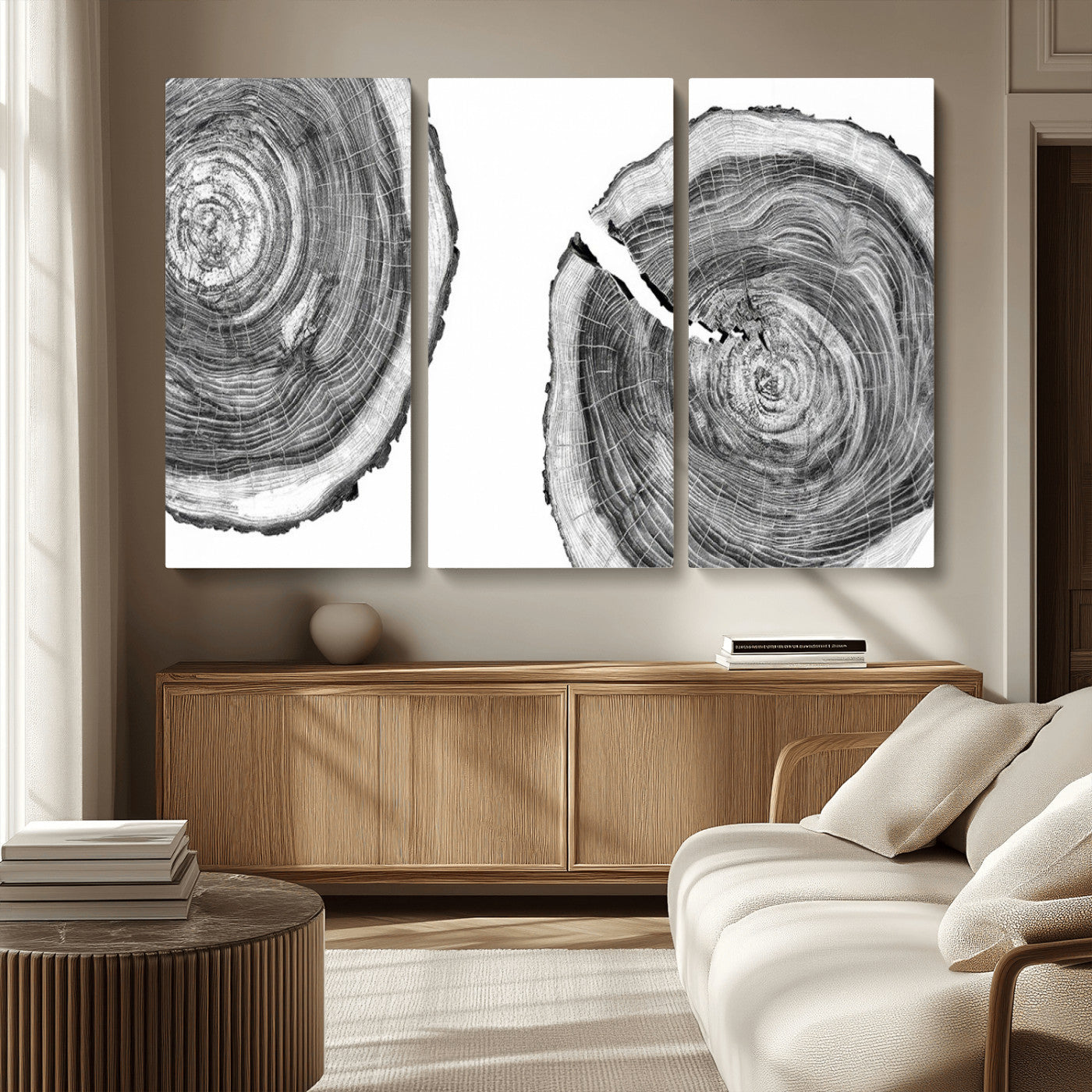 MGV-CV-48X32-3P - Modern Black and White Tree Rings Canvas Wall Art – Nature Inspired Wood Slice Print – Minimalist
