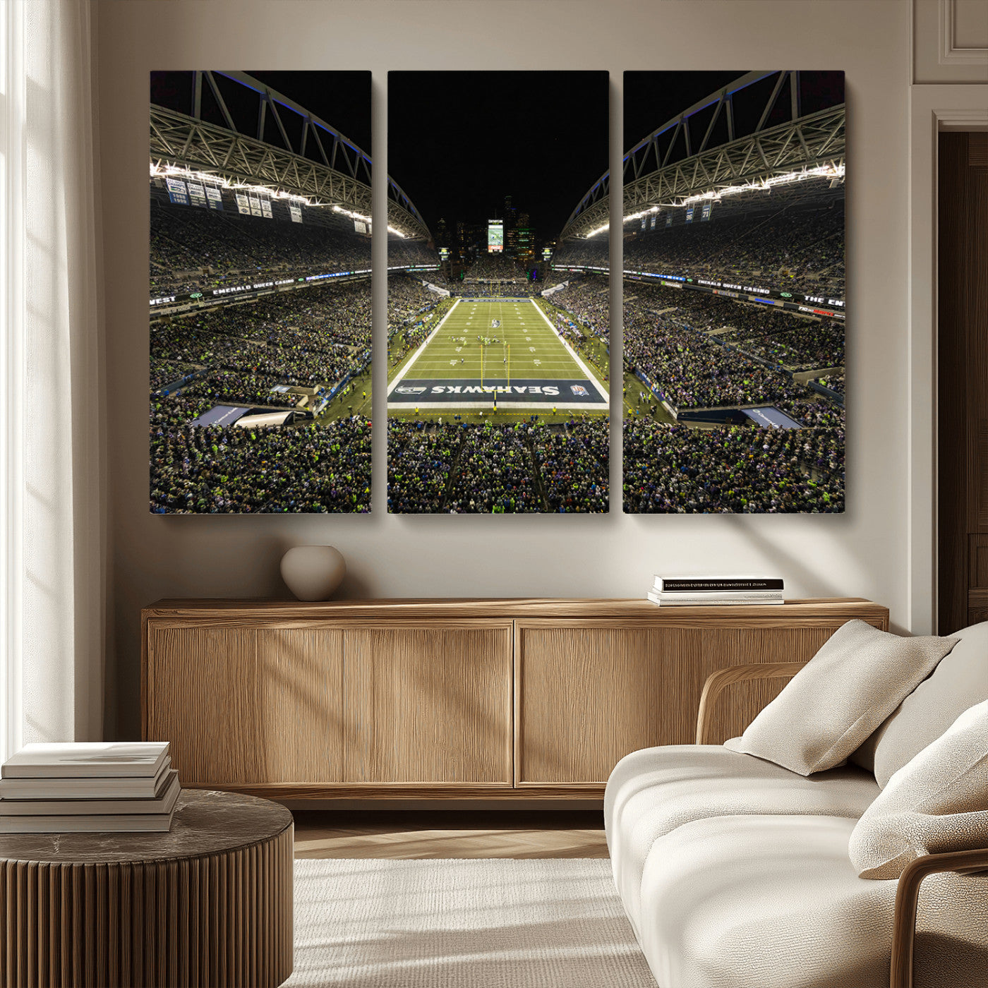 MGV-CV-48X32-3P - Seattle Seahawks Football Team Print Wall Art - Seattle Century Link Field Stadium Wall Art Canvas