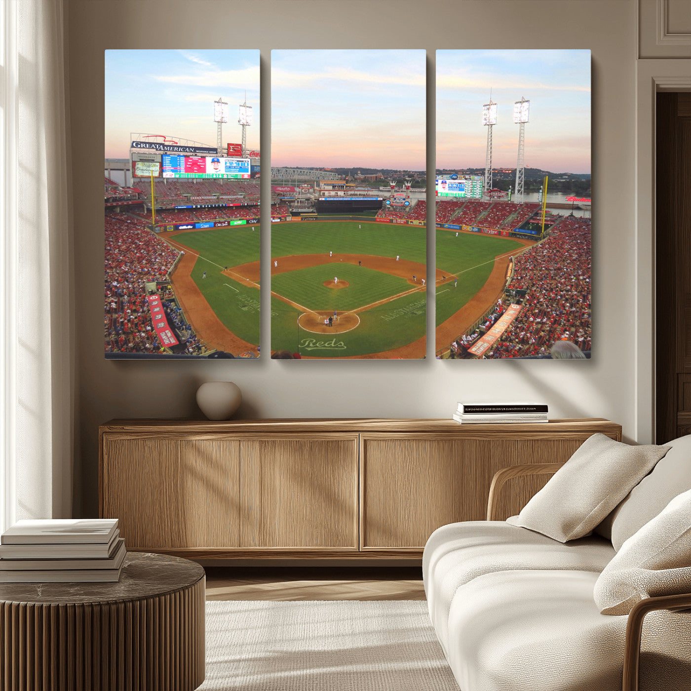 MGV-CV-48X32-3P - Cincinnati Reds Baseball Print Canvas- Cincinnati Great American Ball Park Stadium Wall Art Canvas