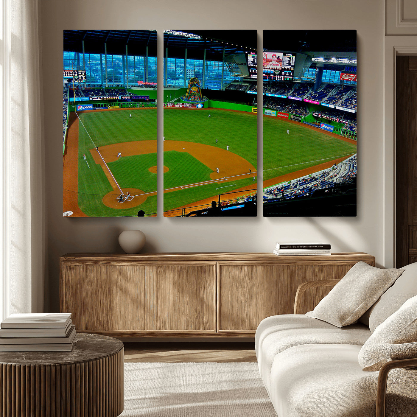 MGV-CV-48X32-3P - Miami Marlins Baseball Team Print - Miami LoanDepot Park Stadium Wall Art Canvas Print