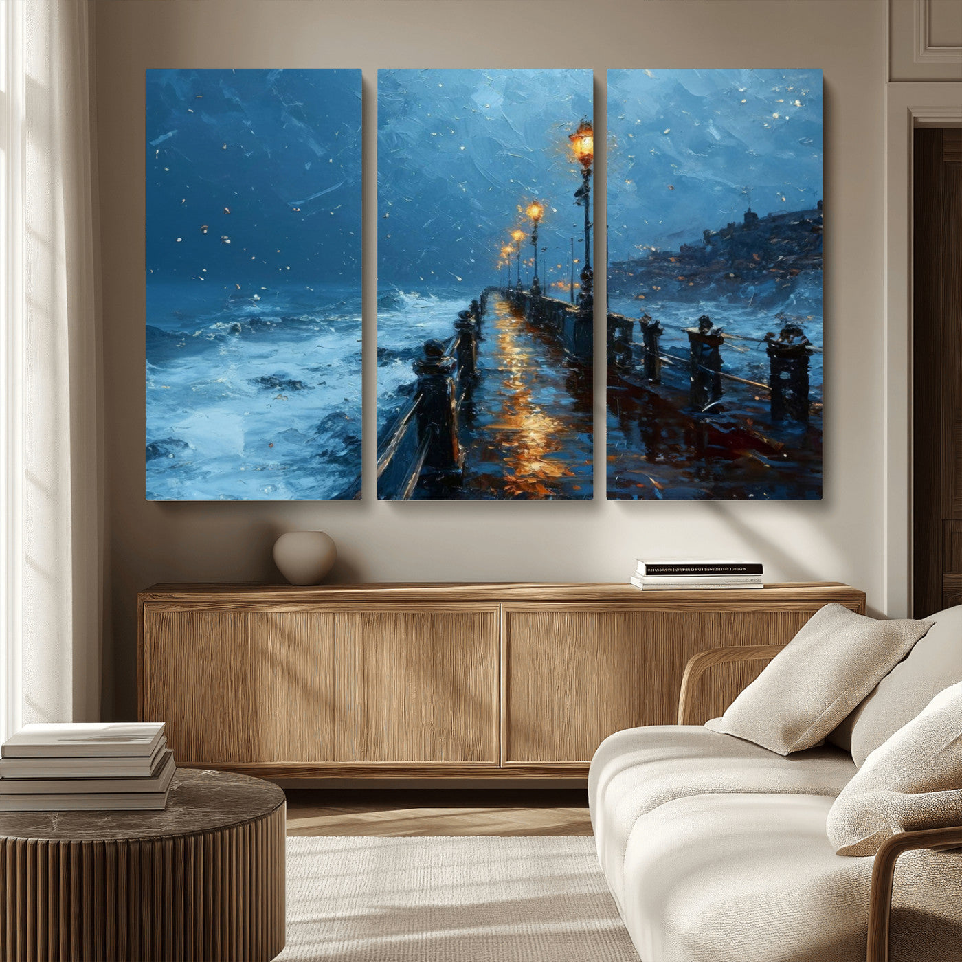 MGV-CV-48X32-3P - Stormy Night at Beach Pier Oil Painting Large Wall Art Print, Framed Canvas Nature Wall Decor,