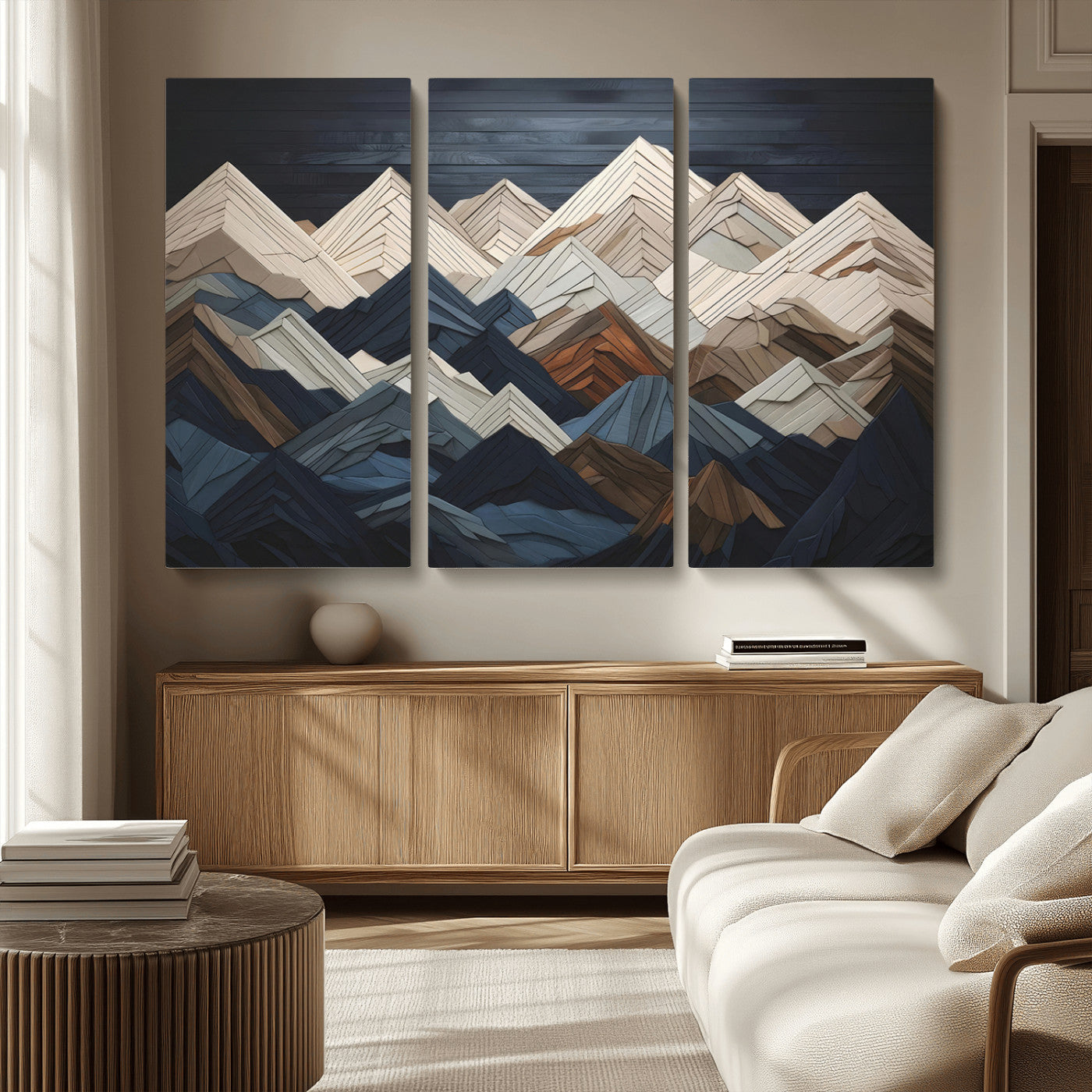 MGV-CV-48X32-3P - Mountain Range Art Wood Style Wall Art - Ready to Hang 3-Piece Set for Modern Rustic Decor, Abstract