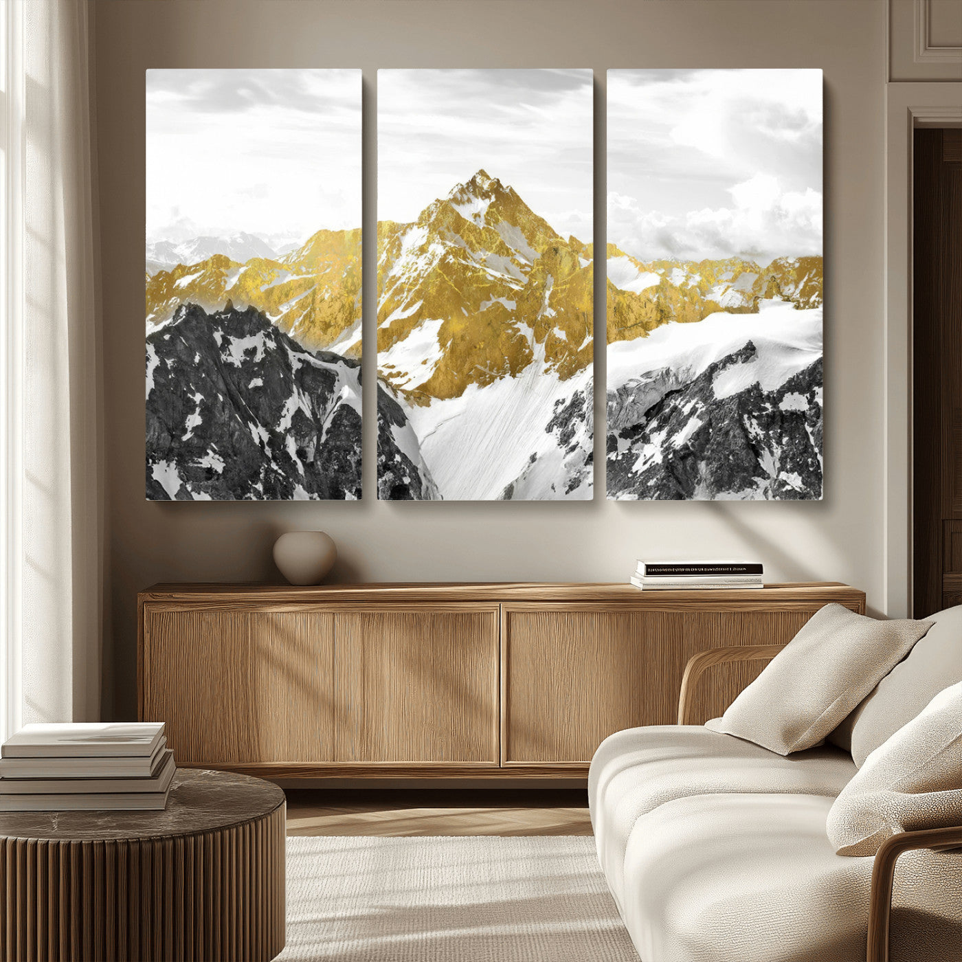 MGV-CV-48X32-3P - Gold Abstract Mountains Wall Art Print on Canvas, Nature Wall Art Print,