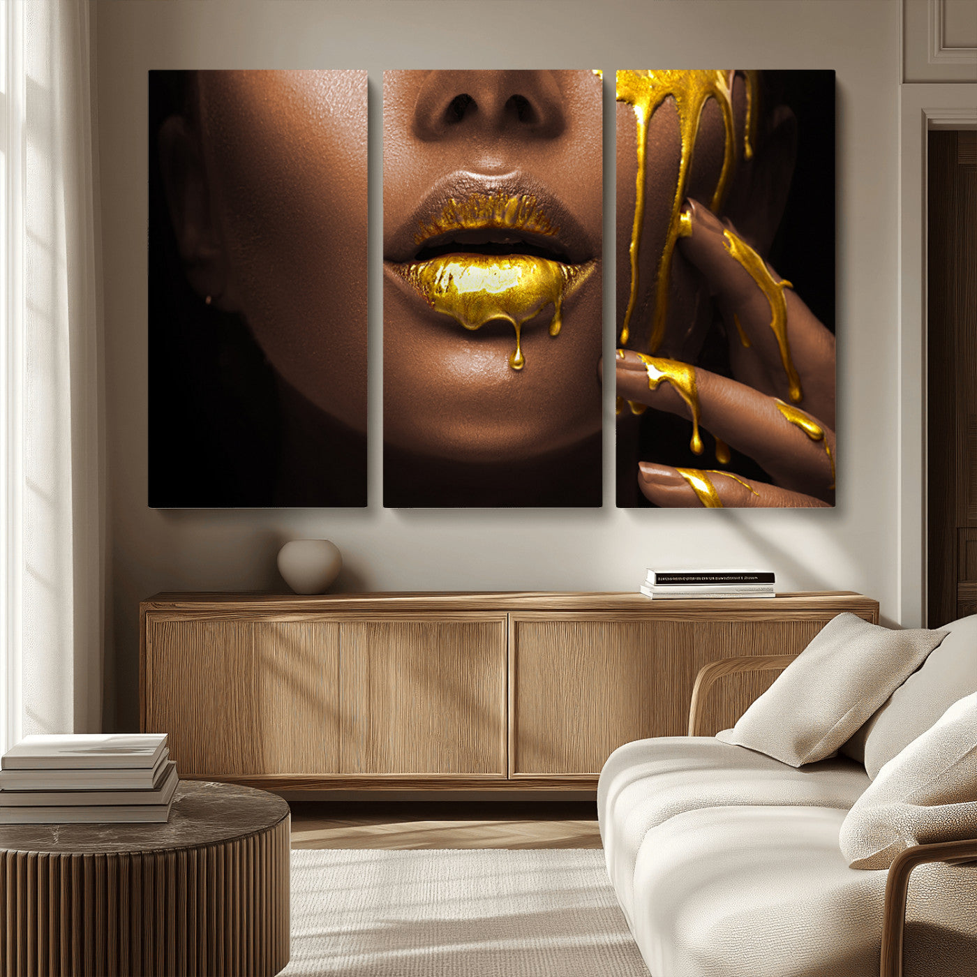 MGV-CV-48X32-3P - African American Art Black Woman Canvas Print, African Wall Art, Fashion African Woman Gold Lips
