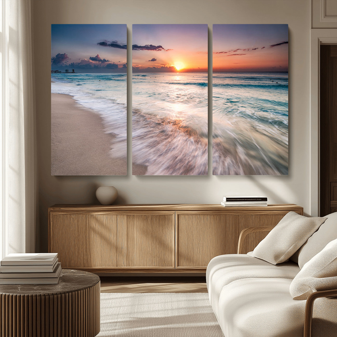 MGV-CV-48X32-3P - Sunset Beach Wall Art – Soothing Coastal Landscape, Ready to Hang for Tranquil Home Decor