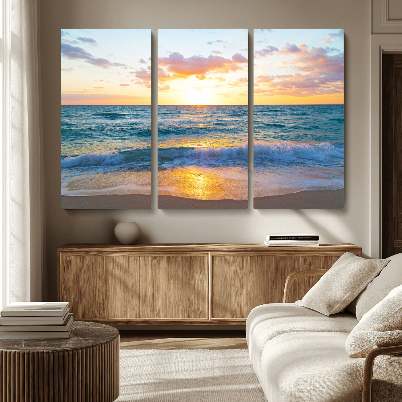 MGV-CV-48X32-3P - Golden Sunset Over Ocean Waves - Serene Coastal Triptych Wall Art for Relaxing Home Decor, Ready to