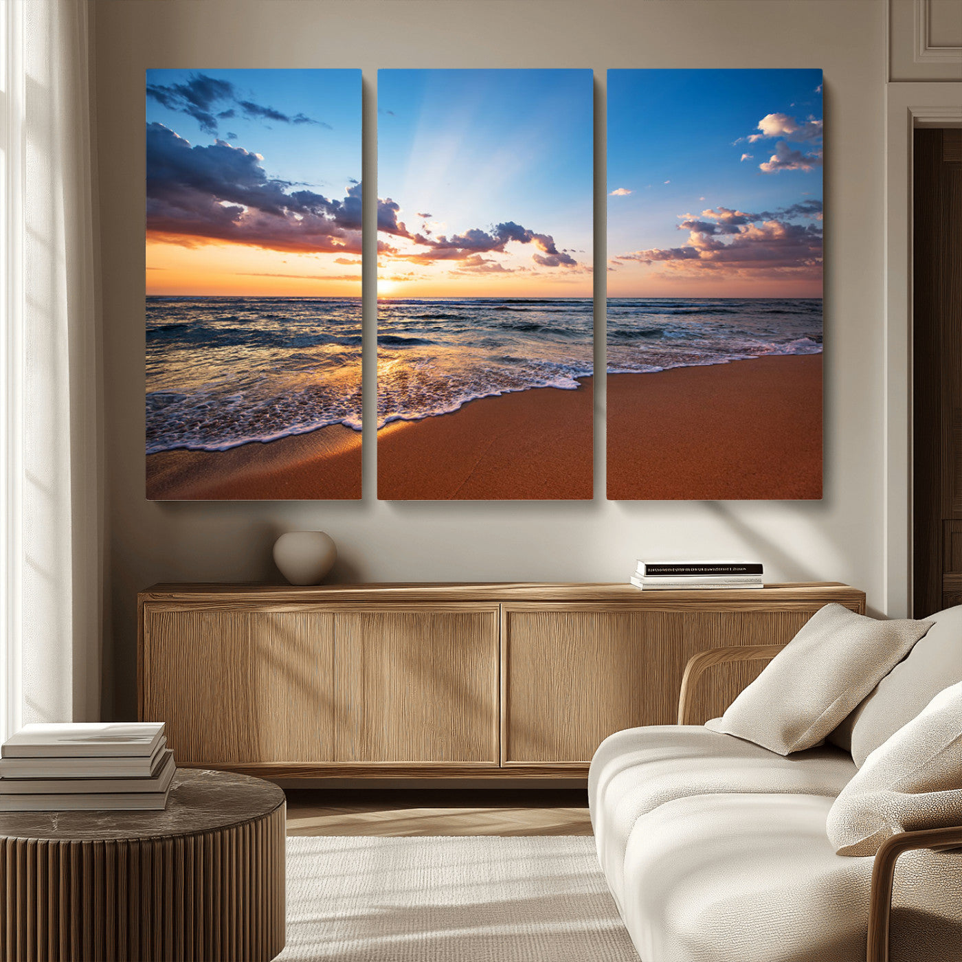 MGV-CV-48X32-3P - Golden Hour Beach Sunset Wall Art | Canvas Print | Ready to Hang | Coastal Wall Art for Living Room