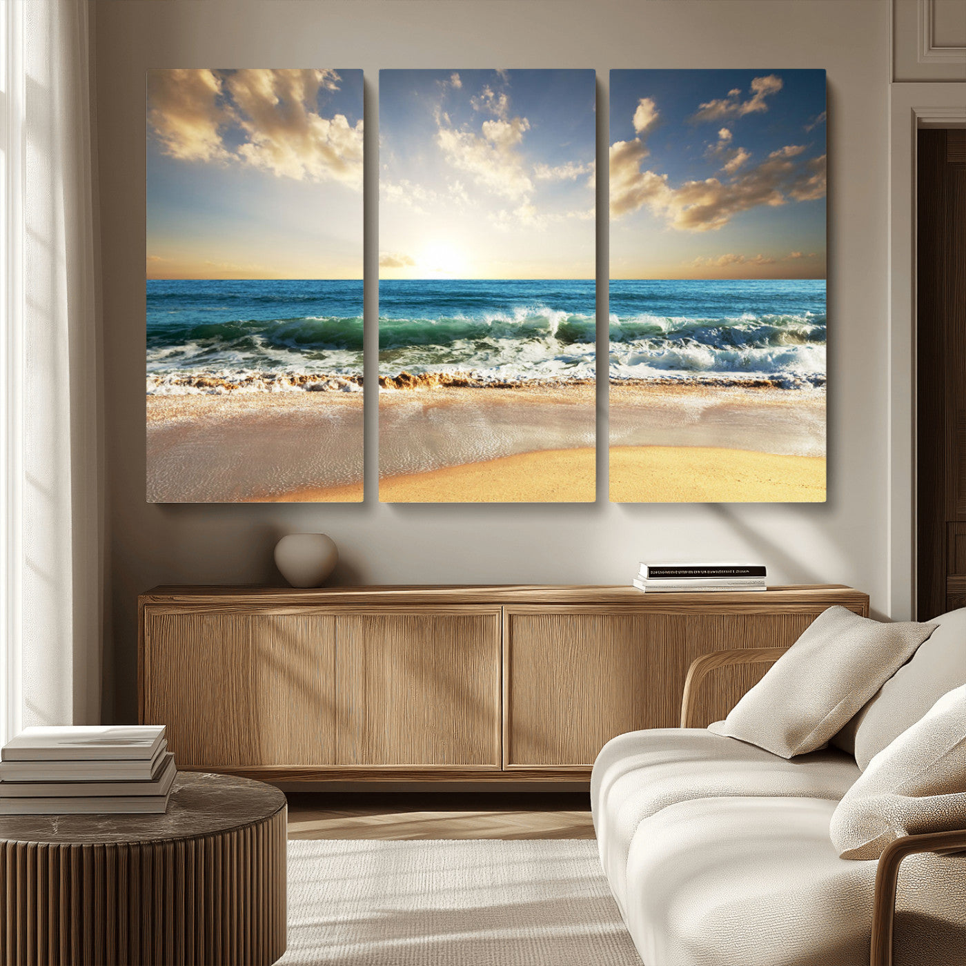 MGV-CV-48X32-3P - Golden Sunset Beach Triptych Canvas Wall Art for Living Room – 3-Panel Ocean View, Framed & Ready to