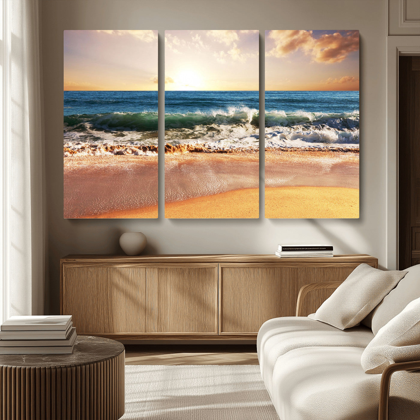 MGV-CV-48X32-3P - Sunset Beach Wall Art - 3-Panel Framed Canvas Print, Ready to Hang Ocean Sunset for Coastal and