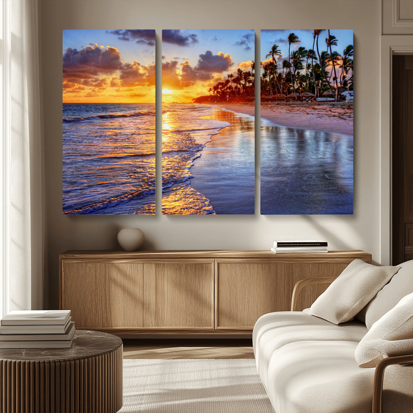 MGV-CV-48X32-3P - Serene Beach Sunset Wall Art Canvas- Coastal Seascape Print for Living Room or Bedroom, Ocean Waves