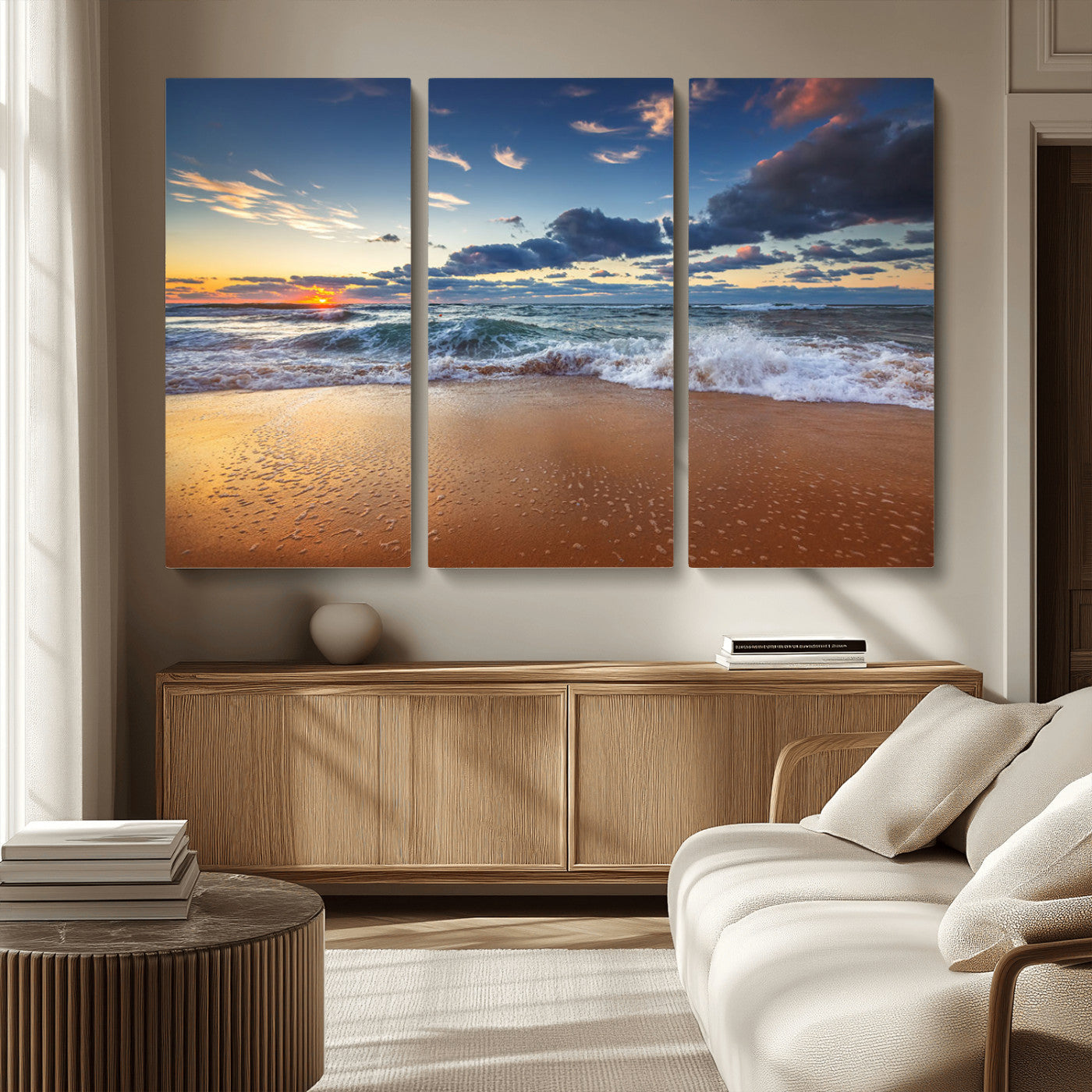 MGV-CV-48X32-3P - Beach Canvas Wall Art - Coastal Seascape Print for Living Room or Bedroom, Ocean Waves on Sand,