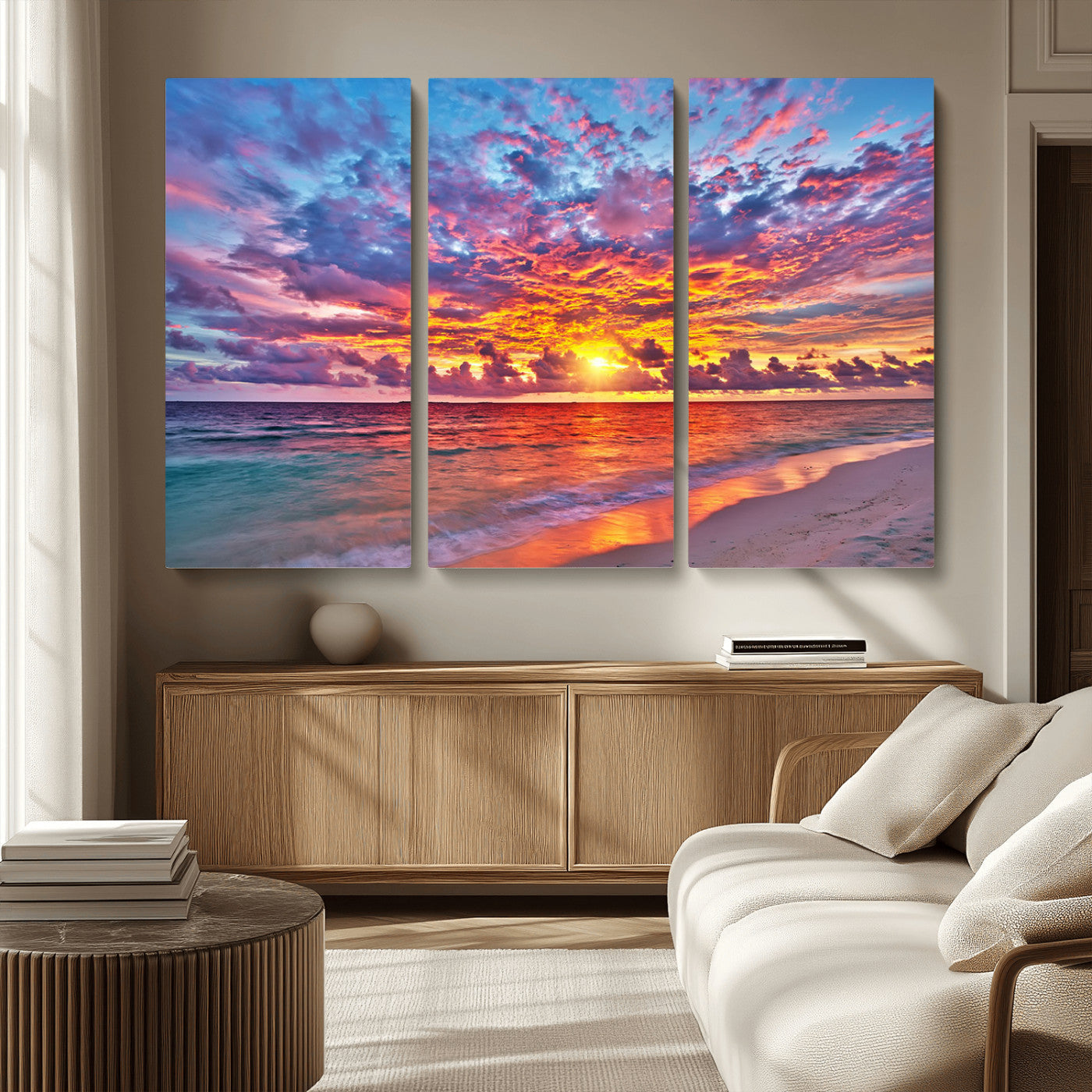 MGV-CV-48X32-3P - Vibrant Sunset Beach Wall Art - Ocean Sunset Canvas Print | Coastal Wall Art Decor Stunning Sunset