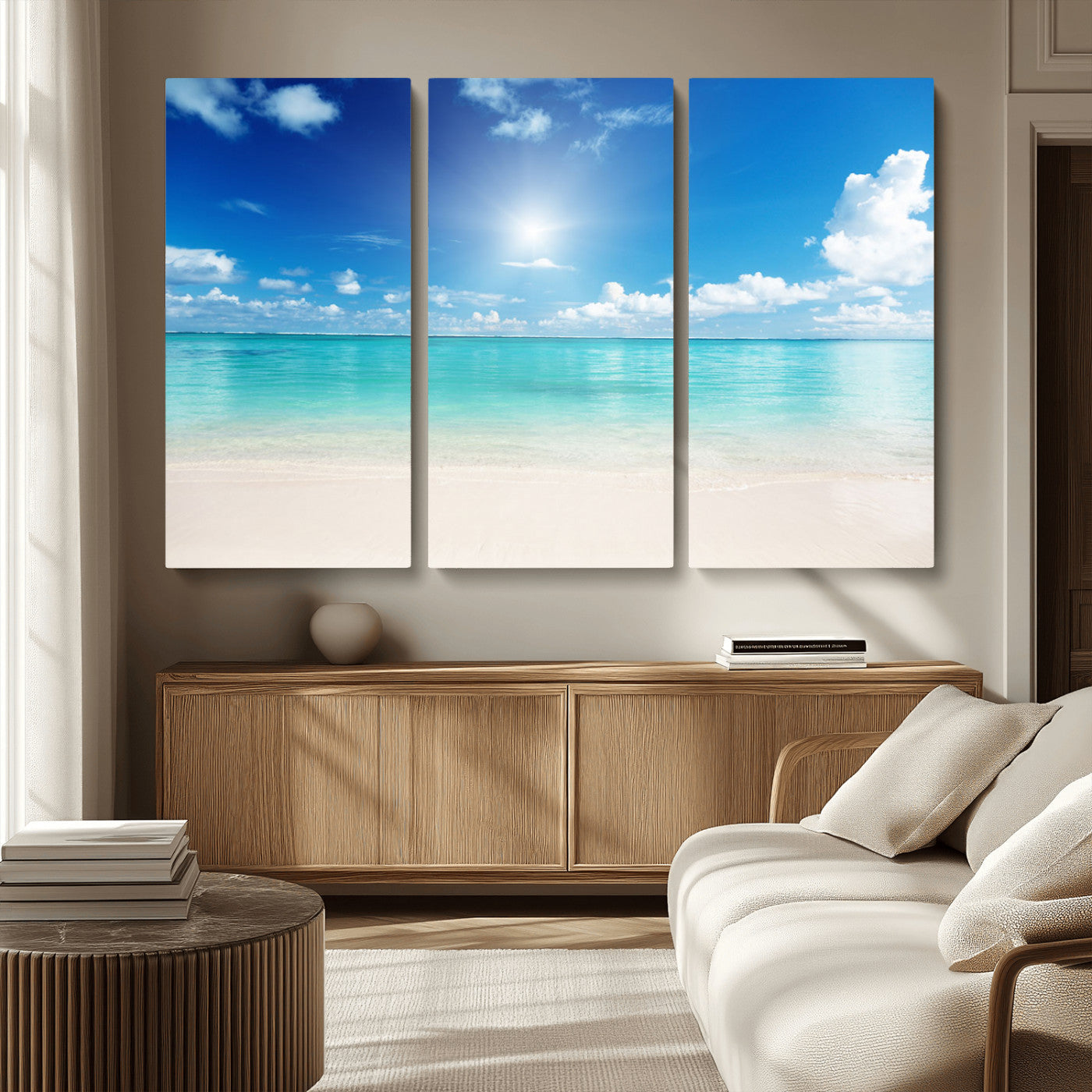 MGV-CV-48X32-3P - Blue Ocean Wall Art Canvas Print - Tranquil Ocean Paradise Triptych Wall Art - Ready to Hang Beach