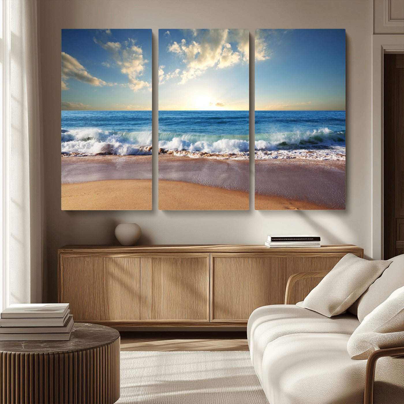 MGV-CV-48X32-3P - Serene Ocean Sunset Canvas Wall Art - Beach Waves at Sunset, Ready to Hang