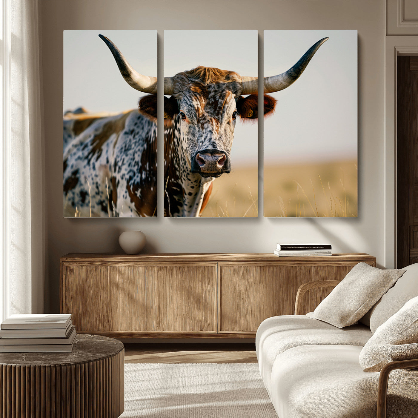 MGV-CV-48X32-3P - Texas Bull Longhorn Wall Art Canvas Print for Farm House Wall Decor, Farmhouse Wall Art Print