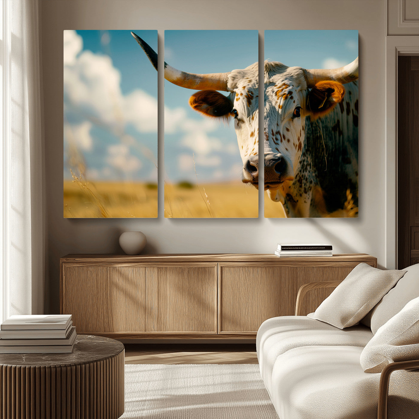 MGV-CV-48X32-3P - Longhorn in the Prairie - Stunning Ranch-Style Triptych Wall Art for Western Home Decor, Cowboy Wall