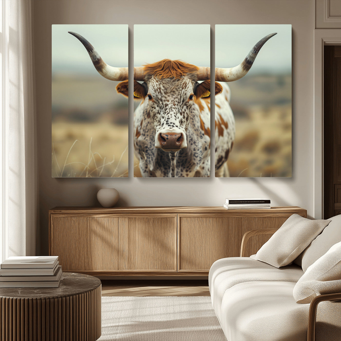 MGV-CV-48X32-3P - Texas Cow Longhorn Wall Art Canvas Print for Farm House Wall Decor, Farmhouse Wall Art Print