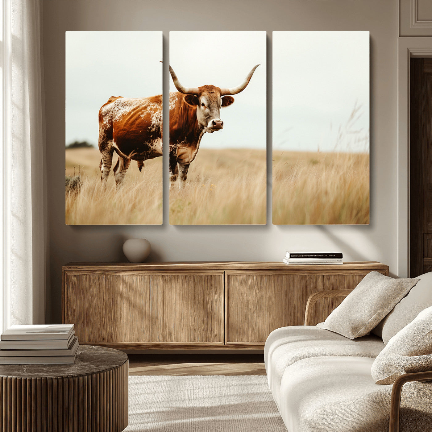 MGV-CV-48X32-3P - Texas Longhorn Canvas Wall Art Print – Majestic Western Cattle in Rustic Farmhouse Decor – Cow Wall