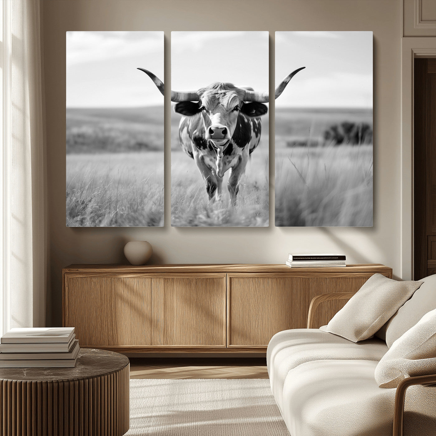 MGV-CV-48X32-3P - Texas Cow Longhorn Wall Art Canvas Print for Farm House Wall Decor, Farmhouse Wall Art Print
