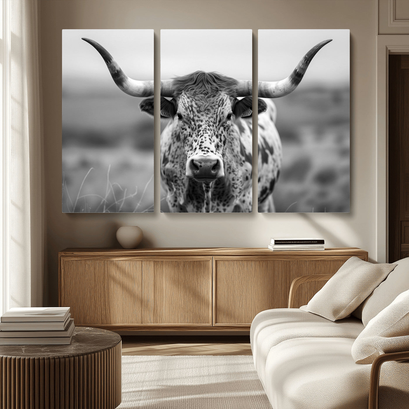 MGV-CV-48X32-3P - Texas Cow Longhorn Wall Art Canvas Print for Farm House Wall Decor, Farmhouse Wall Art Print
