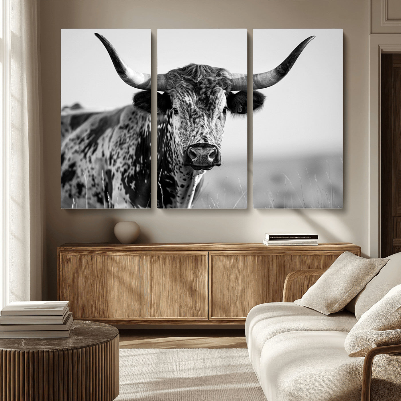 MGV-CV-48X32-3P - Texas Highland Cow Longhorn Canvas Print - Rustic Farmhouse Wall Art - Large Texas Longhorn