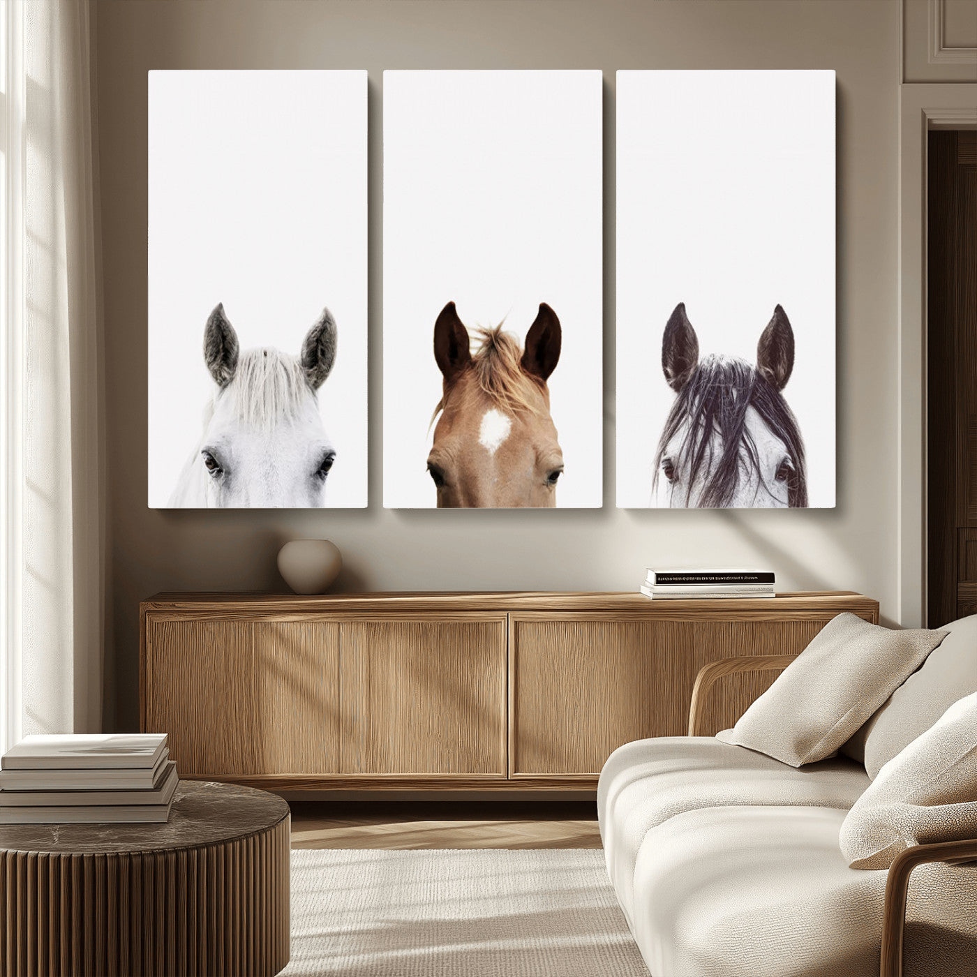 MGV-CV-48X32-3P - Horse Prints Set, Set of 3 Horse Wall Art, Horses Portraits, Farmhouse Wall Art, Farm Animals
