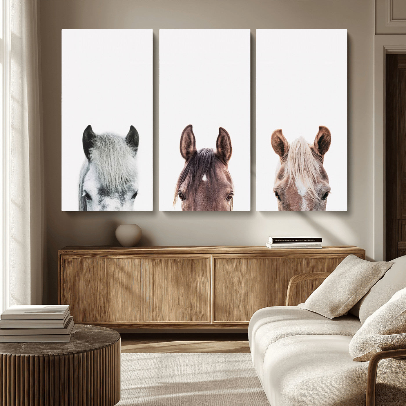 MGV-CV-48X32-3P - Horse Wall Art - Minimalist Horse Triptych Wall Art – Modern 3-Panel Giclée Canvas Featuring Horse