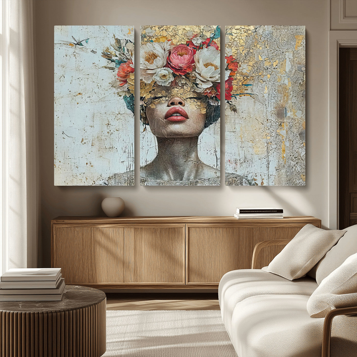 MGV-CV-48X32-3P - Golden Petal Wall Art Canvas Print - Silhouette Woman Wall Art Canvas Print, Floral Woman Portrait