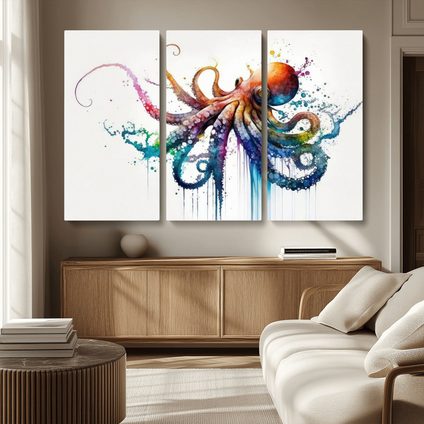MGV-CV-48X32-3P - Watercolor Vibrant Octopus Wall Art Canvas Print | Abstract Sea Life Art | Colorful Marine Creature