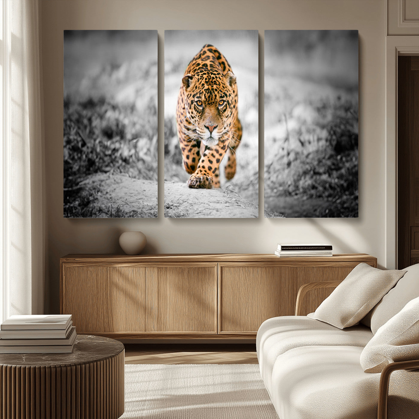 MGV-CV-48X32-3P - Jaguar Wall Art Canvas Print - Majestic Big Cat in Focused Pursuit - Ready to Hang