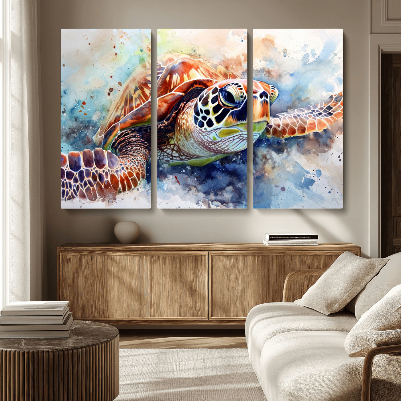 MGV-CV-48X32-3P - Watercolor Sea Turtle Wall Art Canvas Print - Vibrant Ocean Colors in Watercolor Style - Ready to