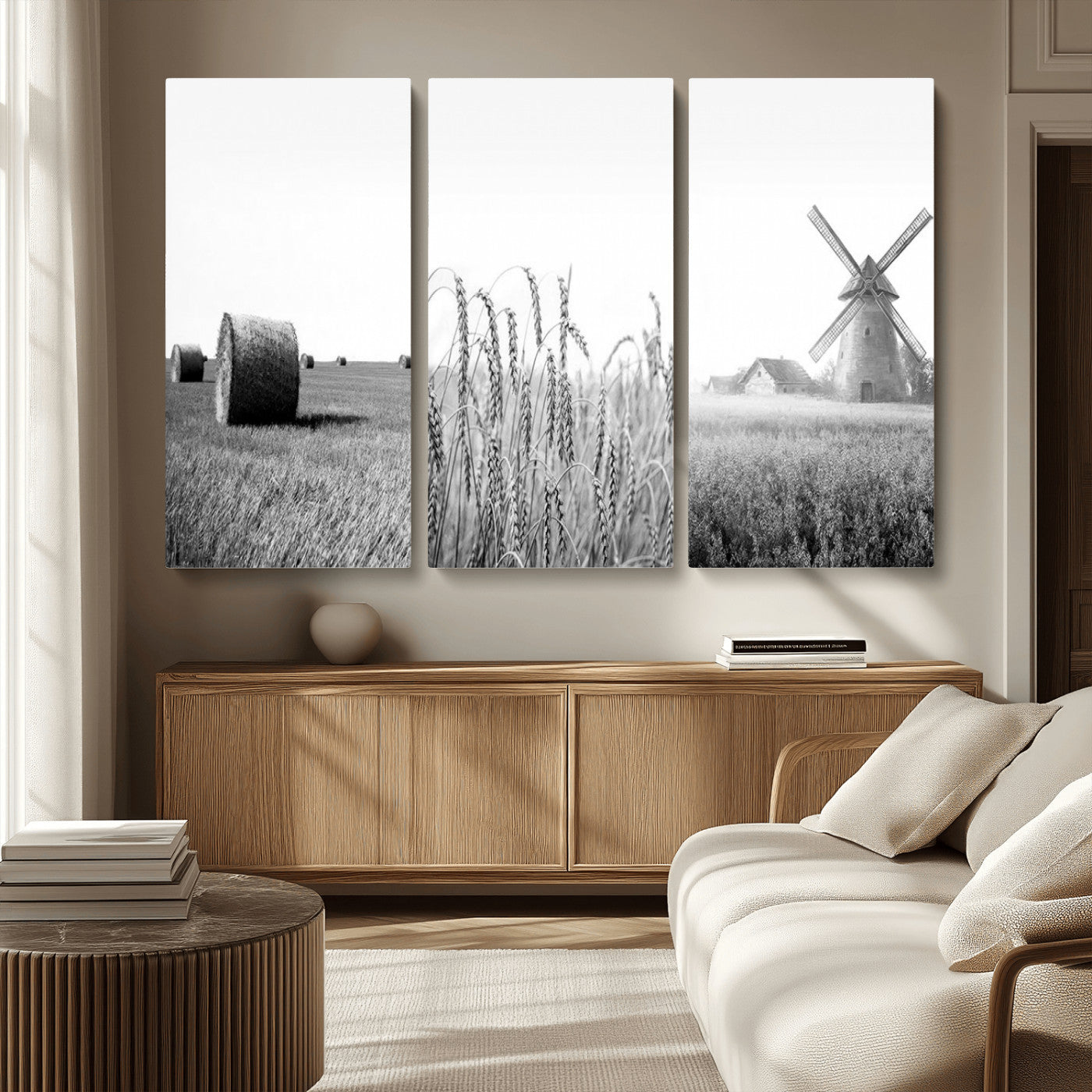 MGV-CV-48X32-3P - Vintage Farmhouse Black and White Triptych Wall Art – Giclee Canvas Featuring Wheat Fields, Hay