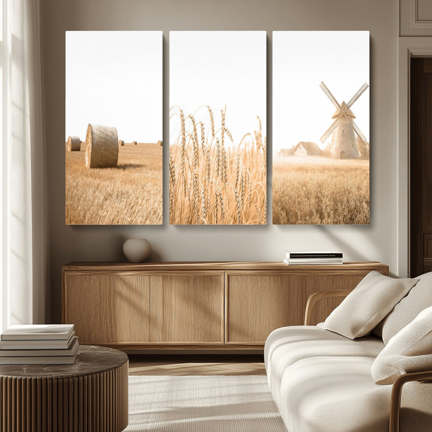 MGV-CV-48X32-3P - Vintage Farmhouse Triptych Wall Art – Giclée Canvas Featuring Wheat Fields, Hay Bales, and a