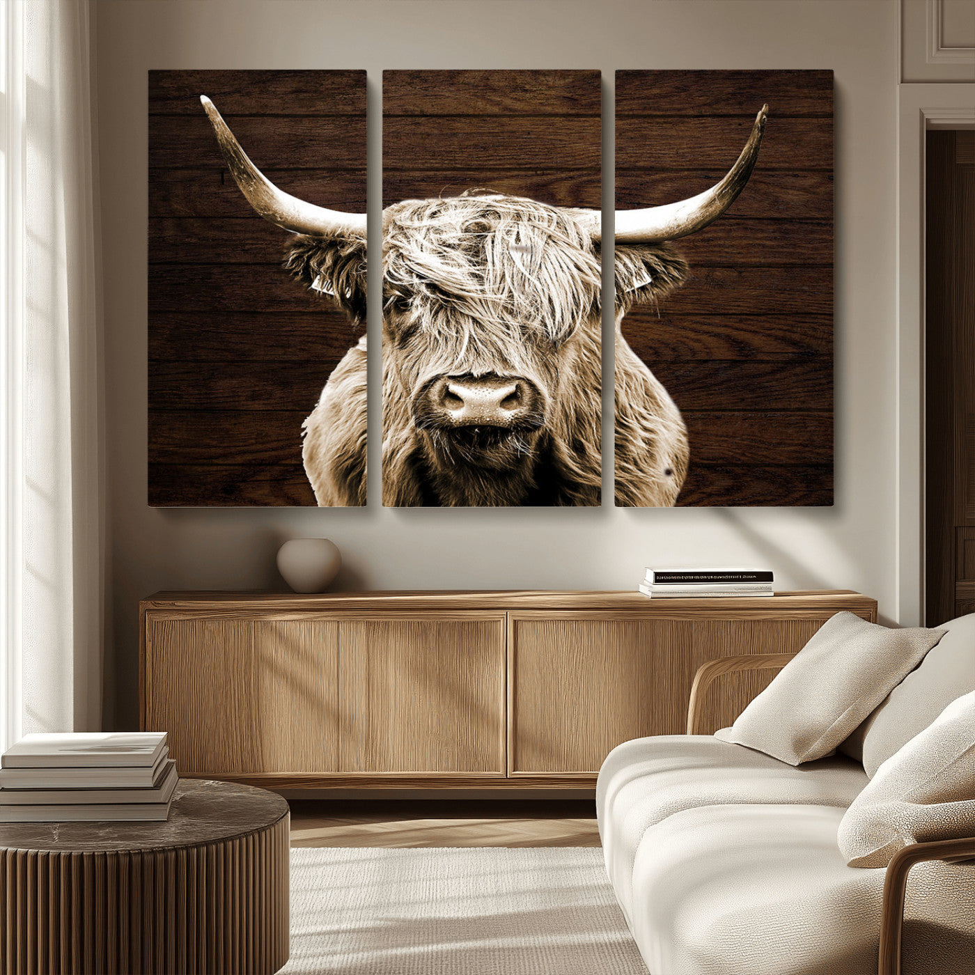 MGV-CV-48X32-3P - Highland Cow Wall Art Canvas Print, Rustic Farmhouse Decor, Majestic Scottish Highland Bull Portrait