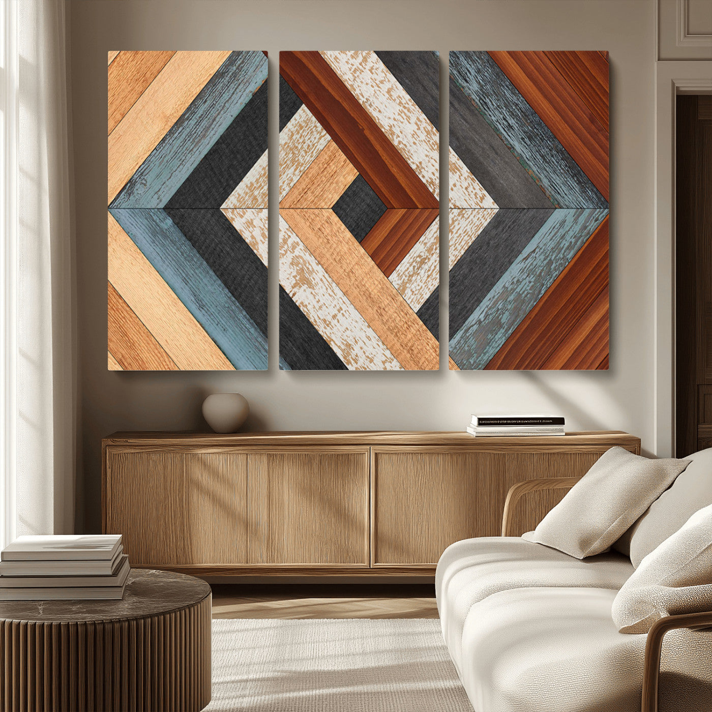 MGV-CV-48X32-3P - Geometric Wood Art Wall Decor Canvas Print, Rustic Wooden Pattern Triptych Wall Art for Living Room
