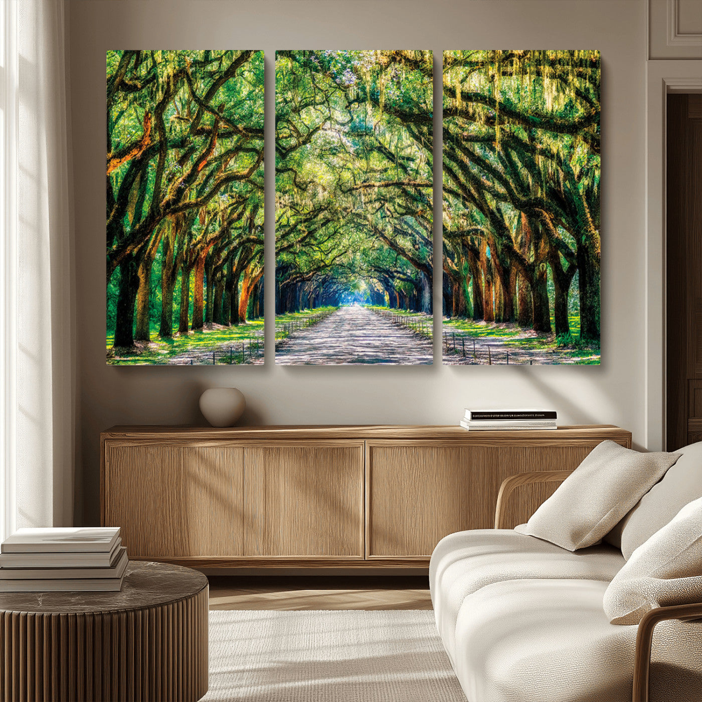 MGV-CV-48X32-3P - Serene Tree Tunnel Wall Art Canvas Print – Pathway Under Canopy of Lush Green Trees, Nature-Inspired