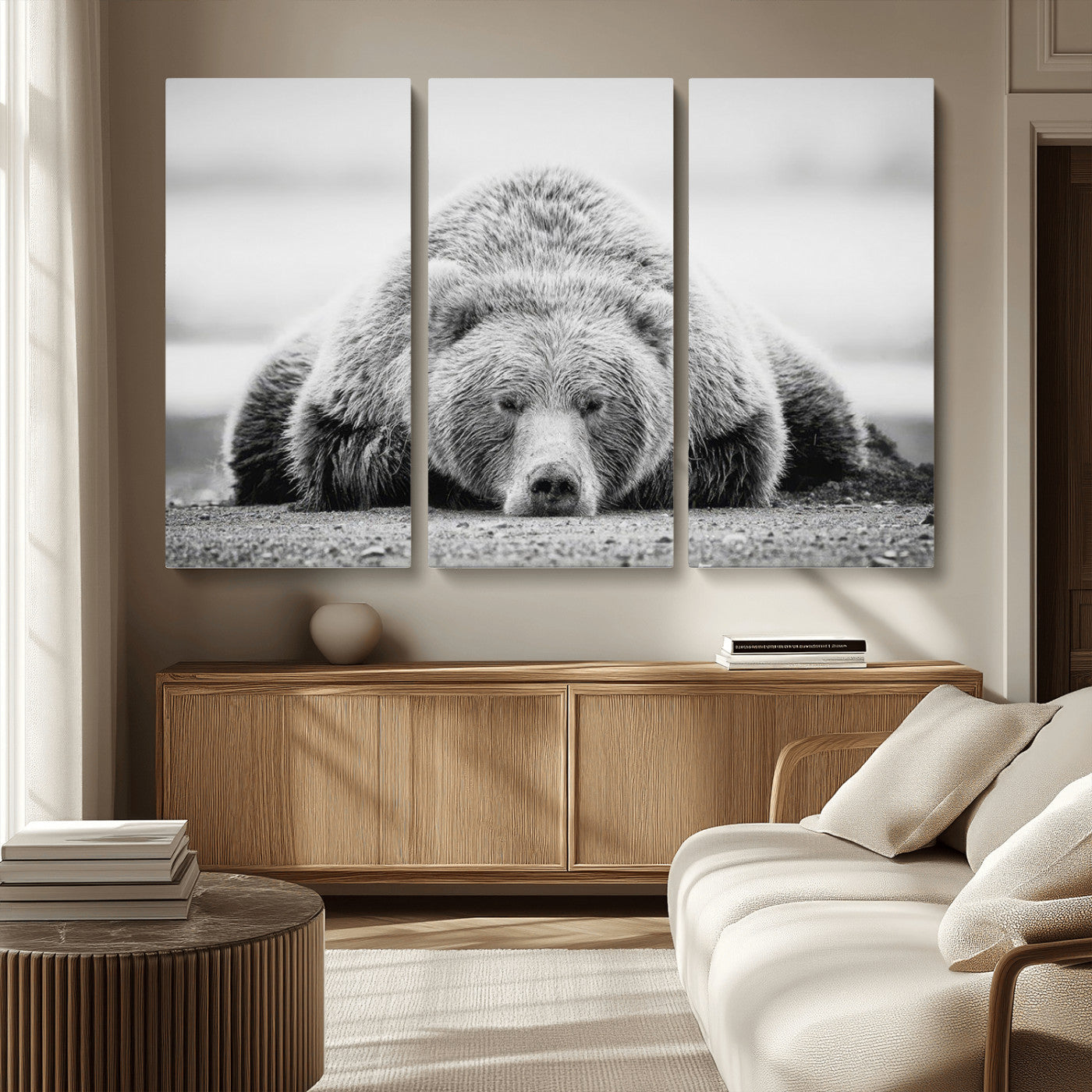MGV-CV-48X32-3P - Resting Grizzly Bear Wall Art Canvas Print – Majestic Lazy Black and White Wildlife Bear Art,