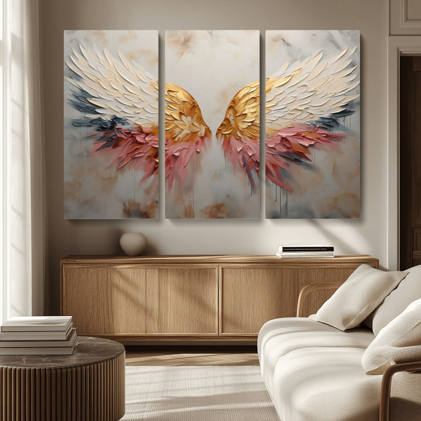 MGV-CV-48X32-3P - Golden Angel Wings Wall Art Canvas Print – Stunning Abstract Winged Art for Elegant Home Decor –