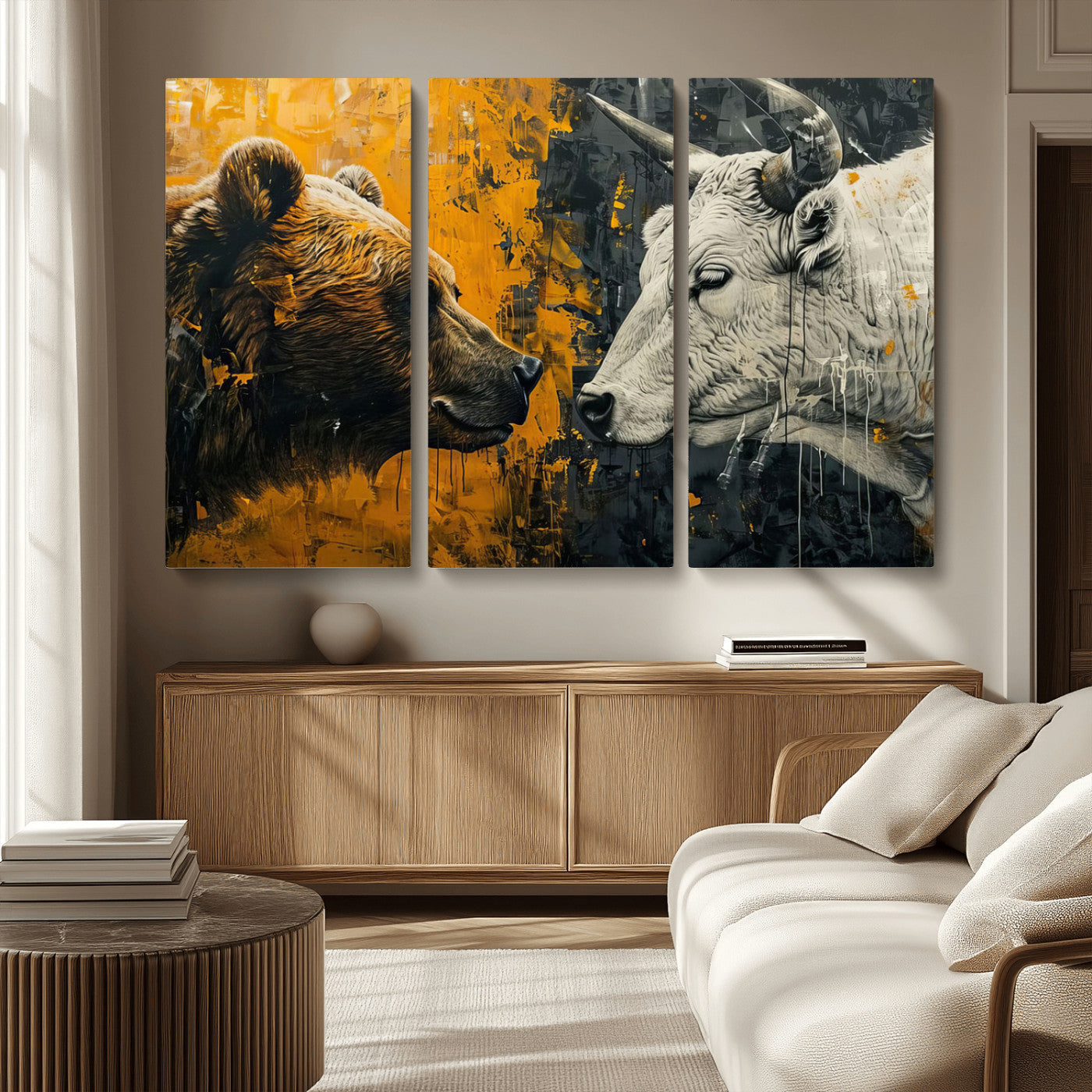 MGV-CV-48X32-3P - Bear and Bull Wall Art Canvas Print – Abstract Animal Portrait Painting for Modern Home Decor –