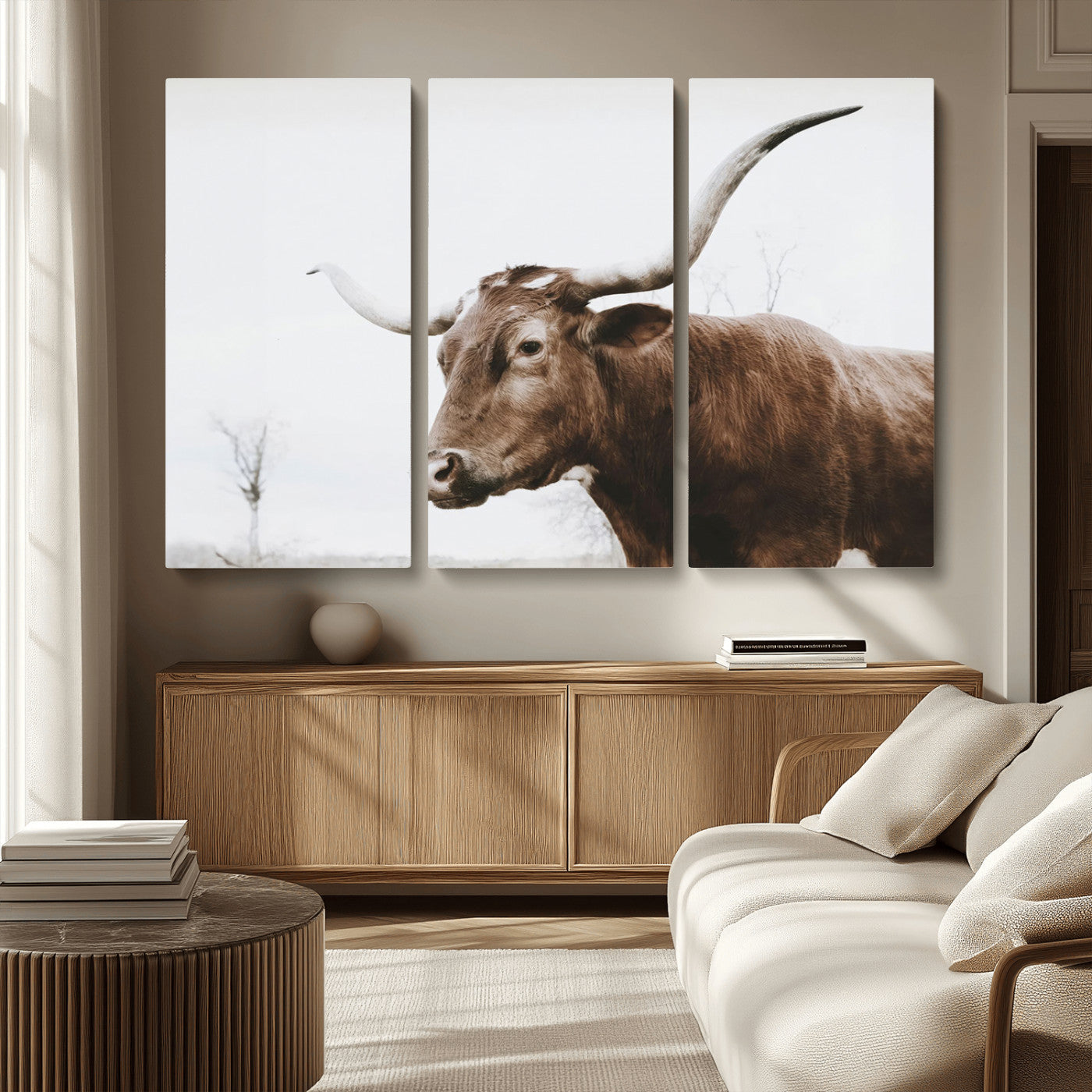 MGV-CV-48X32-3P - Rustic Bull Wall Art Canvas Print – Modern Longhorn Farmhouse Animal Decor – Abstract Farm Cow