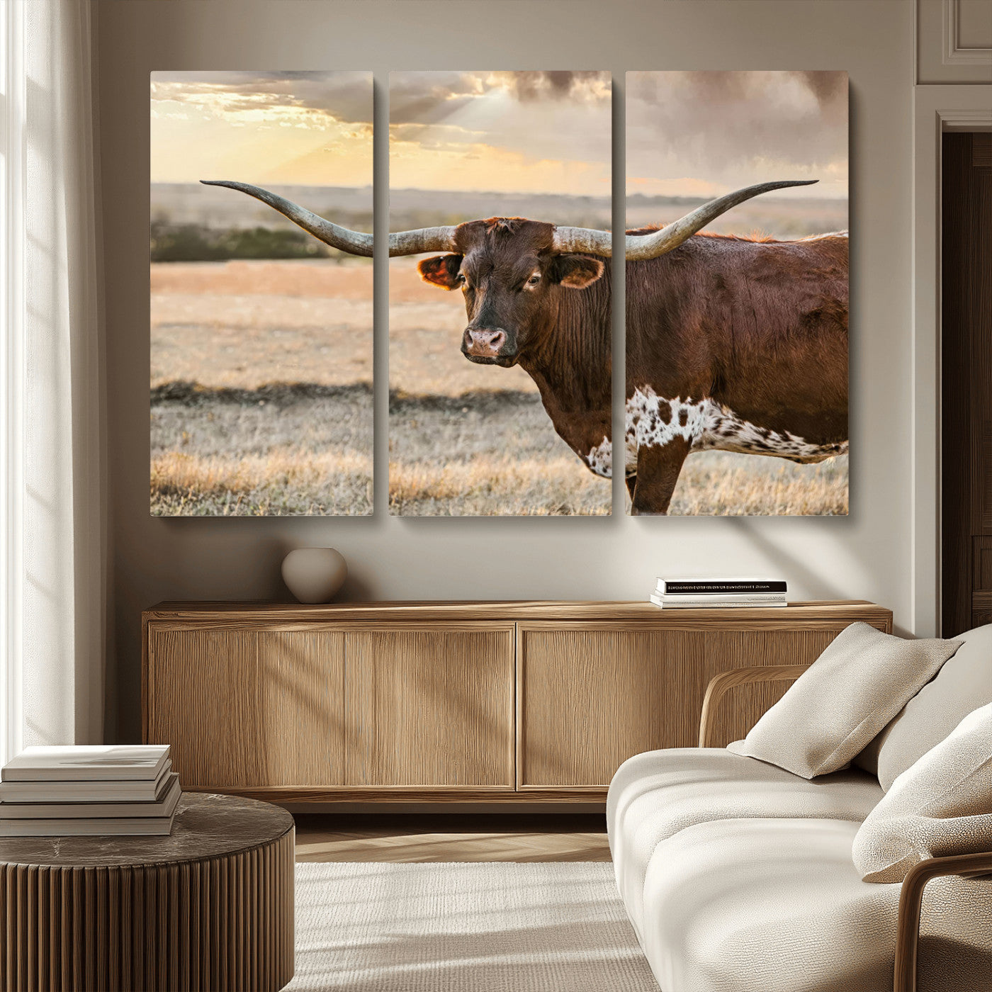 MGV-CV-48X32-3P - Texas Longhorn Wall Art Canvas Print, Rustic Ranch Decor, Majestic Western Longhorn Cattle