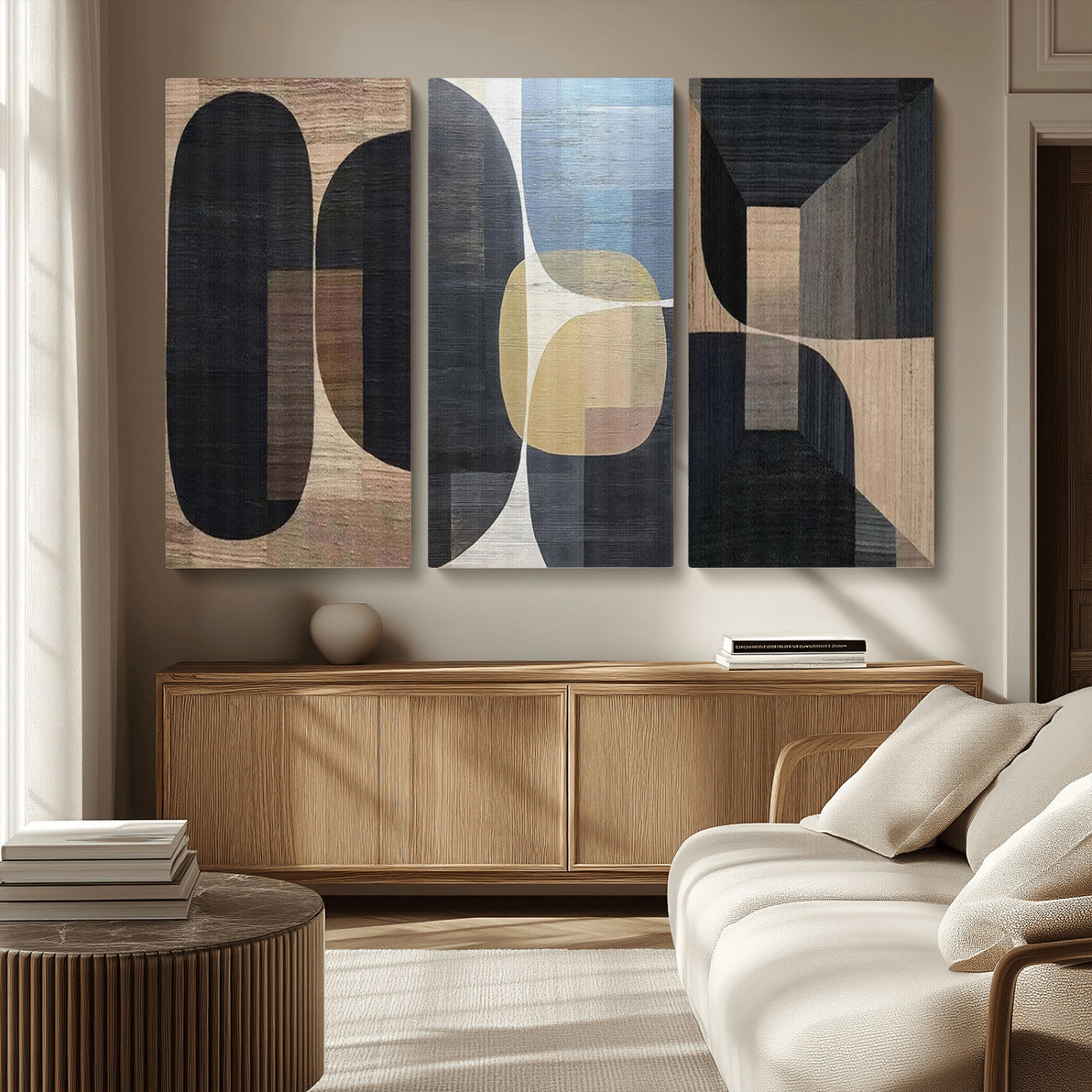 MGV-CV-48X32-3P - Minimalist Wabi Sabi Abstract Geometric Wall Art Canvas Print – Modern Minimalist Shapes – Ready to