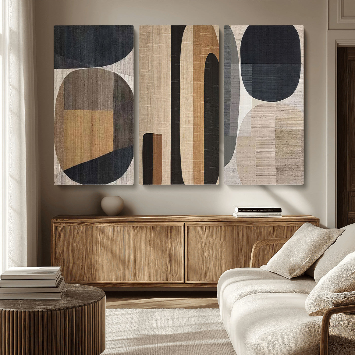 MGV-CV-48X32-3P - Abstract Minimalist Canvas Wall Art - Neutral Geometric Modern Boho Decor, Minimalist Brown Wabi