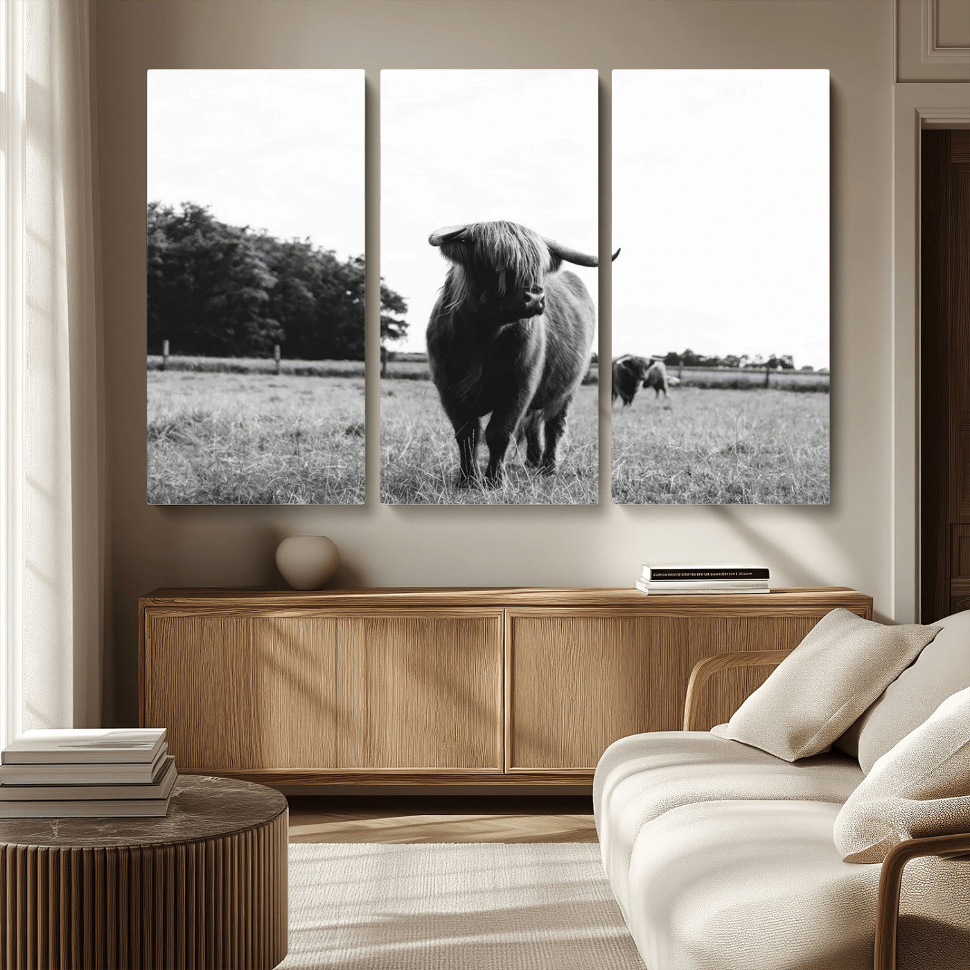 MGV-CV-48X32-3P - Black and White Highland Cow Wall Art Canvas Print | Rustic Western Decor for Living Room or Office,
