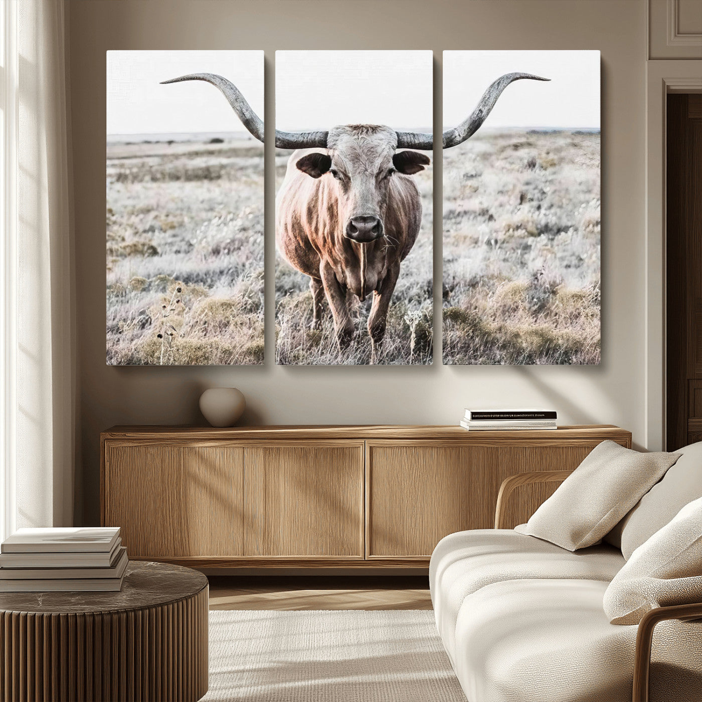 -Rustic Texas Longhorn Wall Art Canvas Print | Western Farmhouse Decor for Living Room or Office,