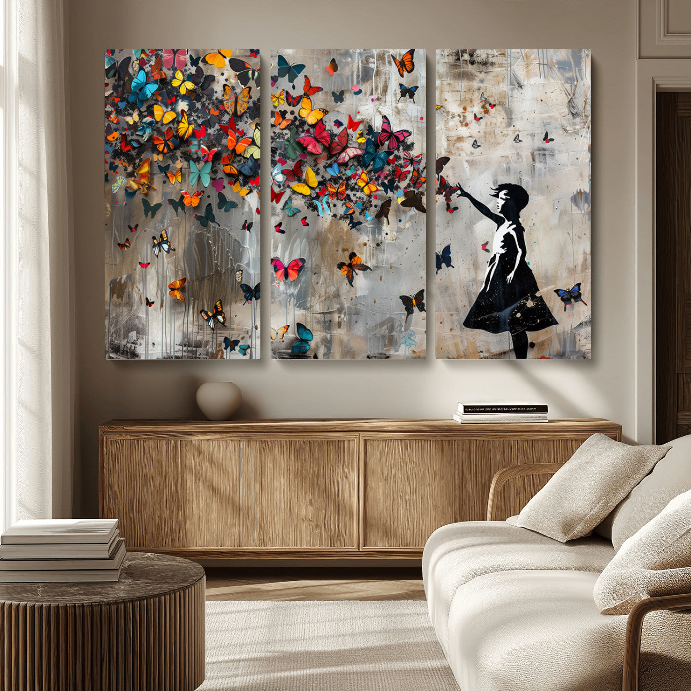 MGV-CV-48X32-3P - Banksy Wall Art - Banksy Girl and Butterfly Explosion Wall Art Canvas Print | Girl with Butterflies