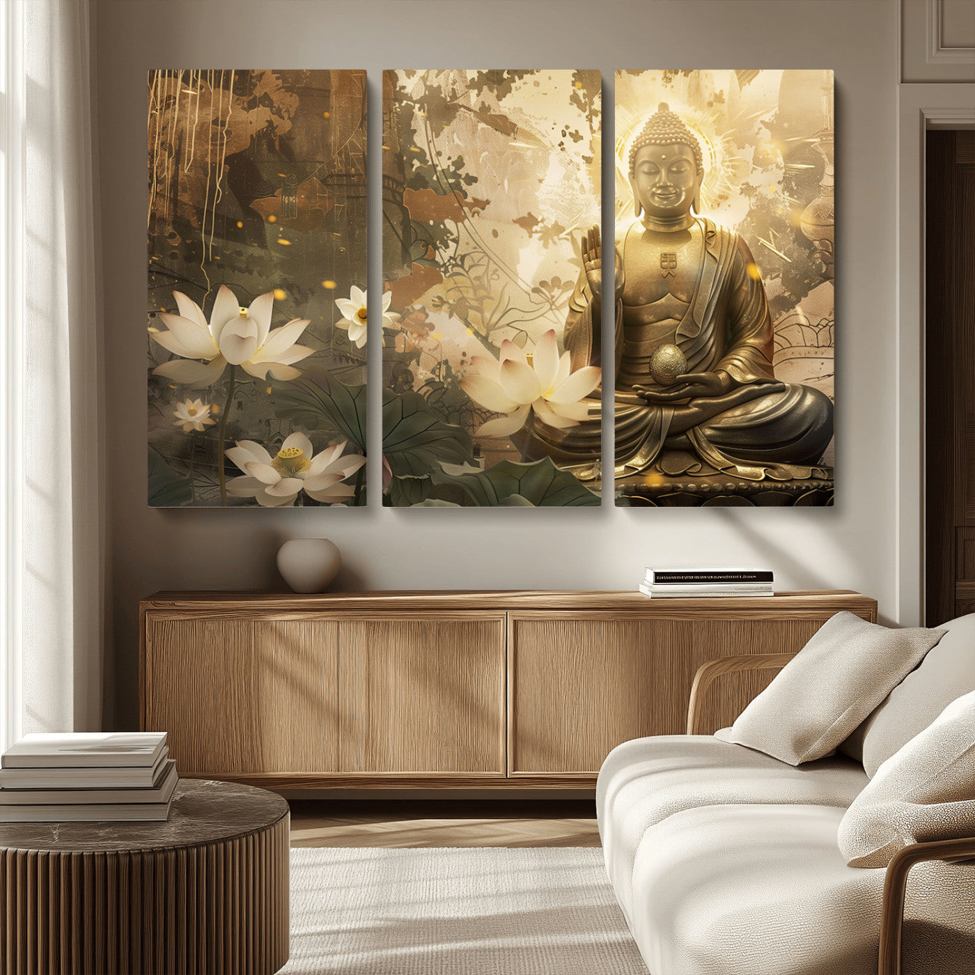 MGV-CV-48X32-3P - Zen Buddha Wall Art Canvas Print | Peaceful Meditation Decor with Lotus Flowers | Spiritual Serenity