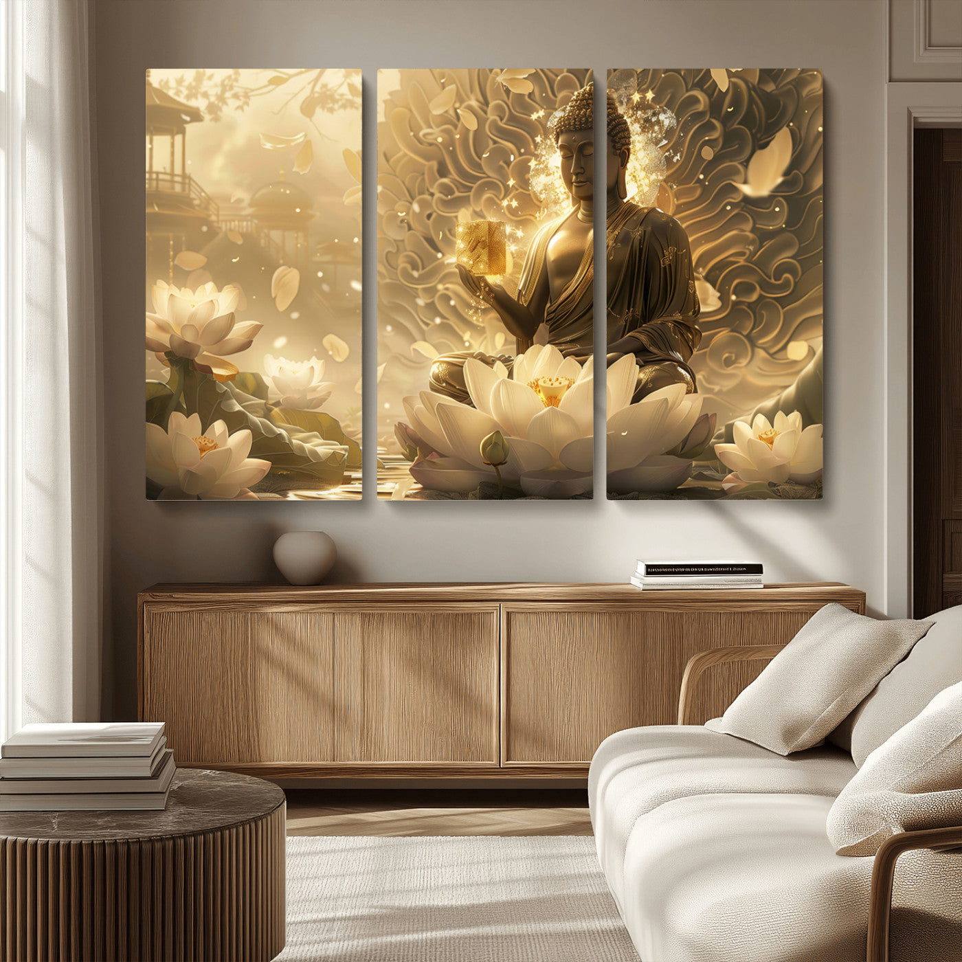 MGV-CV-48X32-3P - Golden Buddha Wall Art | Yoga Room Decor and Meditation Room Wall Art | Framed and Ready to Hang