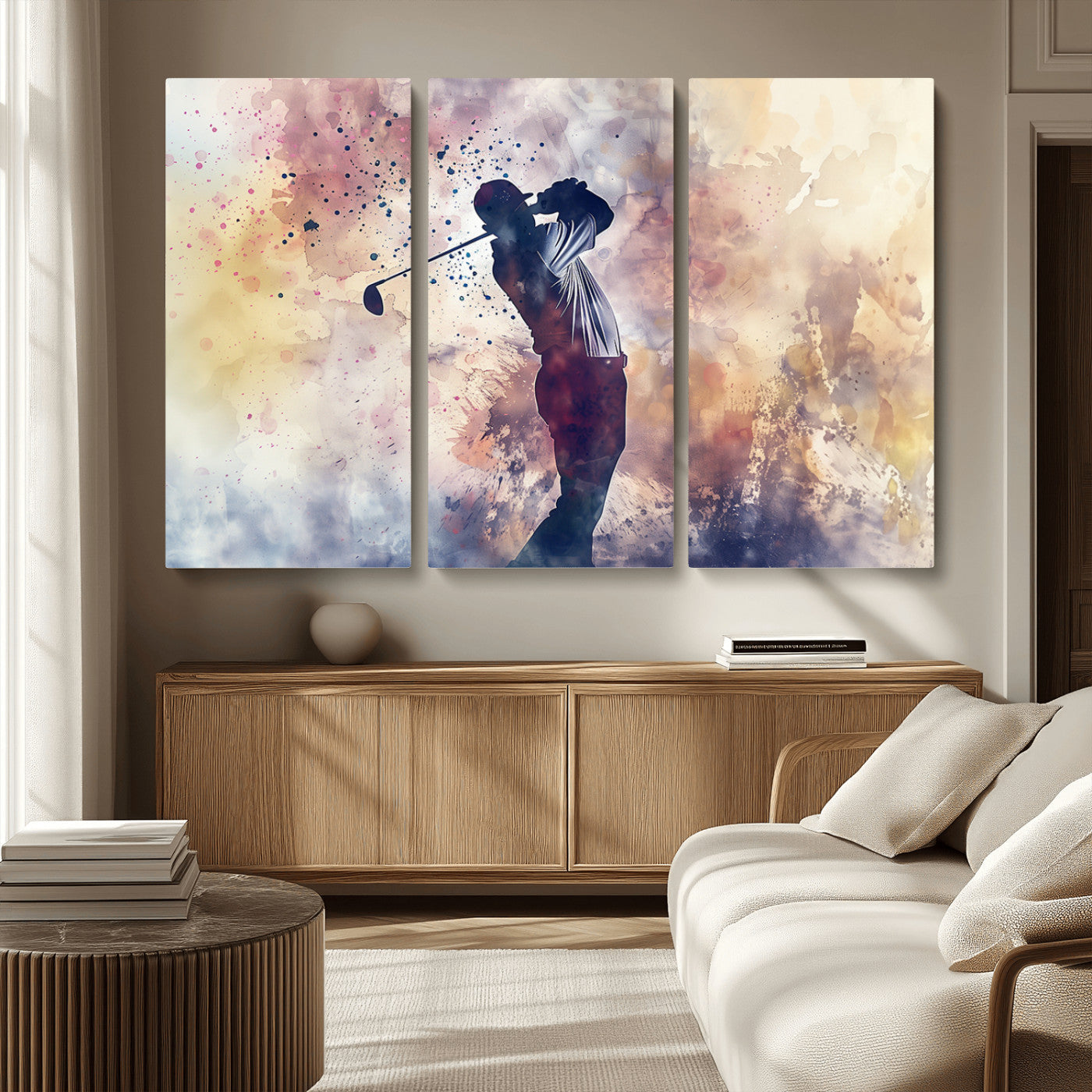 MGV-CV-48X32-3P - Abstract Watercolor Golf Player Wall Art Canvas Print